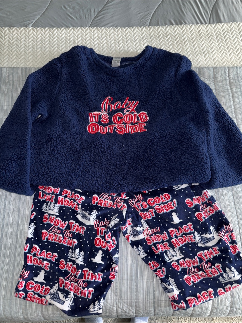 Women’s Holiday Time Navy Fleece Pajama Set with Red Holiday Text